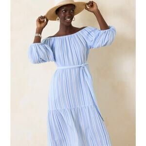NWT Womens Tommy Bahama Island‎ Gauze Blue White Stripe Flowy Dress Size Medium